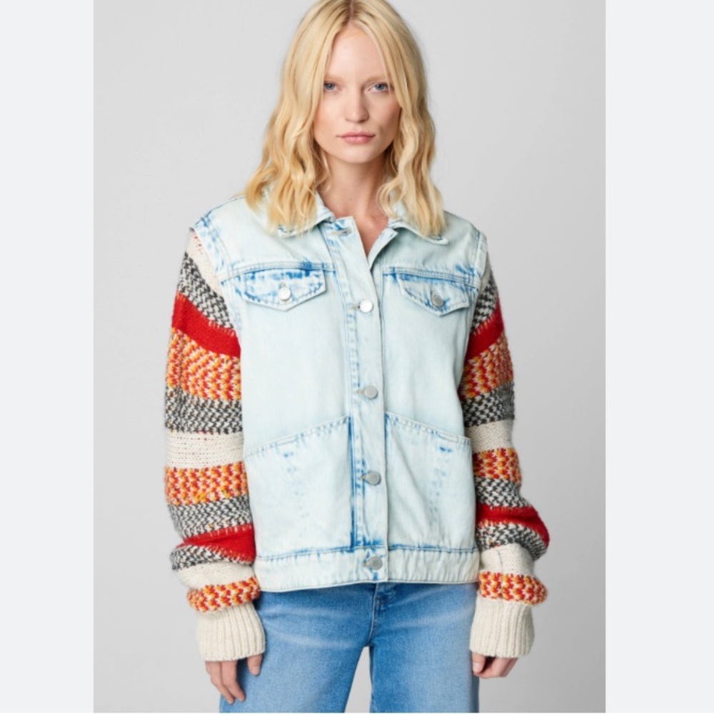 NEW Blank NYC Colorblock Stripe Sweater Sleeve Denim Trucker Jacket Acid Wash M - Picture 6 of 15